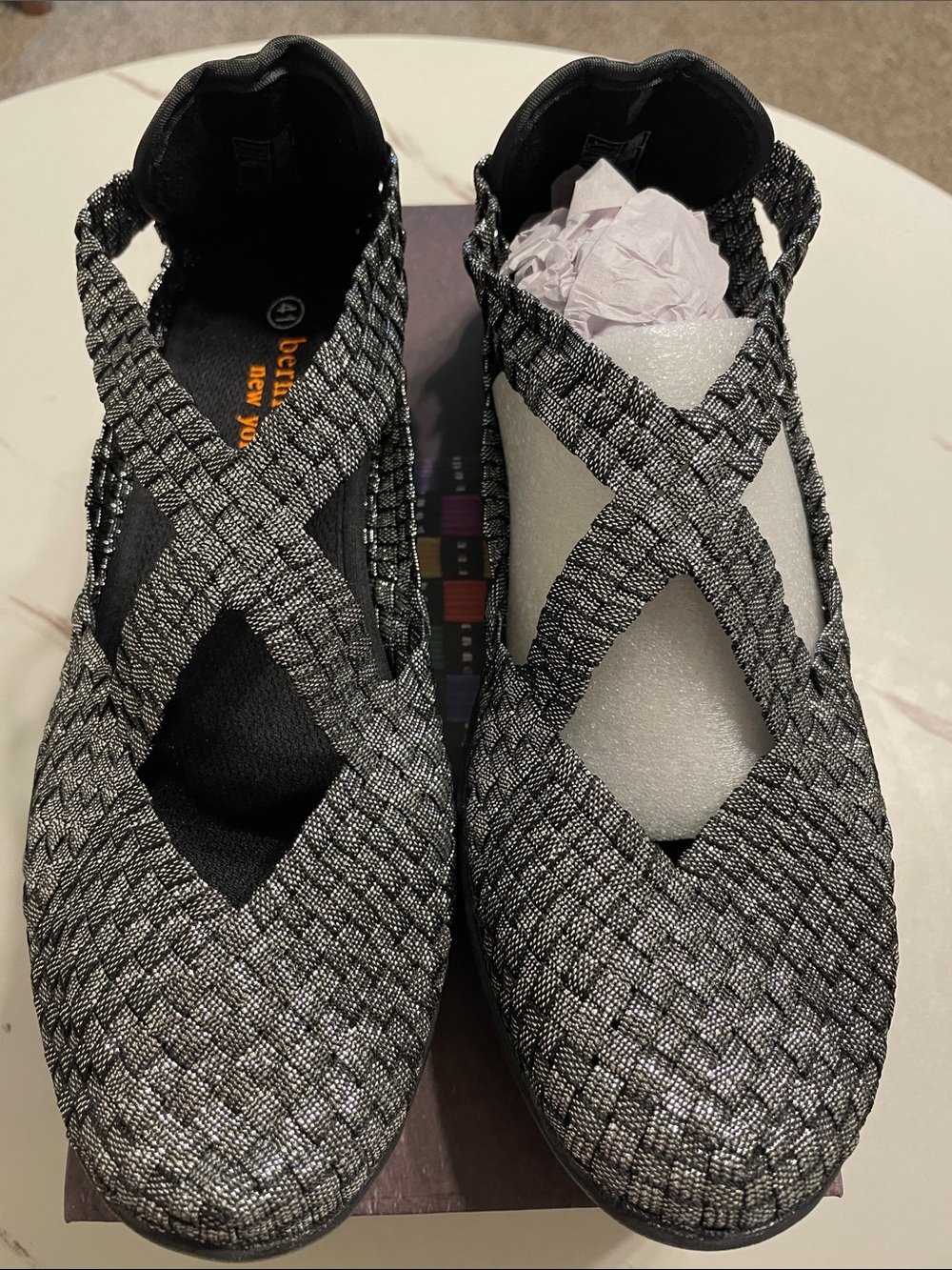 bernie mev. Women's Silver Black Woven Crisscross Flats